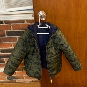 Boys winter jacket: reversible- navy on one side and army green with dinosaurs